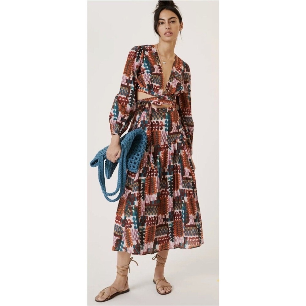 Anthropologie Colorful Abstract Set Long Sleeve Wrap Top & Midi Skirt Sz 10 NWT